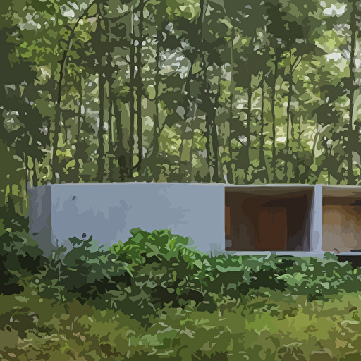 wide image innovative contemporary 3d printed prefab sea ranch style cabin rounded corners angles beveled edges cement concrete organic architecture lush green forest designed gucci wes anderson golden hour