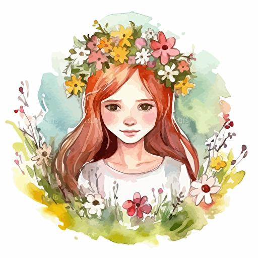 young girl wearing a beautiful crown made of spring flowers in a meadow, detailed, cartoon style, 2d watercolor clipart vector, creative and imaginative, hd, white background