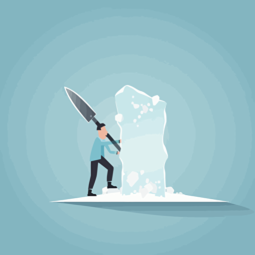 illustration of little man on block of ice swinging an ice pick, like a knife, into the Ice which resulting in cracks originating from the strike point vector style
