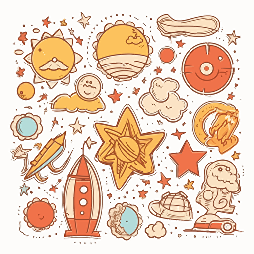 STICKER, Vector illustration Educational Posters style, Toddler style Illustration, warm colors, of sky symbols, contour, vector, white background