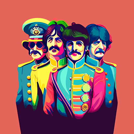 in the foreground, the four beatles stand frontally and dynamically facing us, chest illustration, Sgt. Pepper's Lonely Hearts Club Band, , vector illustration