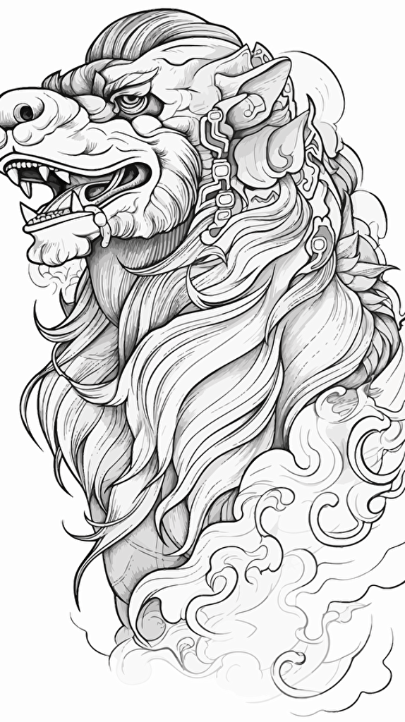 vector created in Adobe Illustrator of a shisa guardian lion-dog, black line work, no color, side view, white background