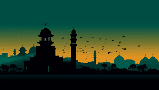 mosque with kaaba silhouette, with islamic holiday images, islamic symbol vector of hajj, in the style of dark green and yellow, minimalist backgrounds, uhd image, daan roosegaarde, dark sky-blue and dark brown Pixar style