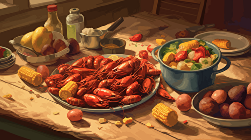a crawfish boil dinner spread out on a table, eye view, crawfish, corn cobs, sliced saugages, small red potatoes, vector, oil painting style