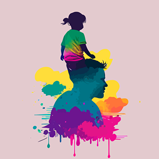 an illustrated kids album cover art, a young child sitting on top of dad's shoulders looking away, silhouette no faces, bright happy pastel colors, vector art