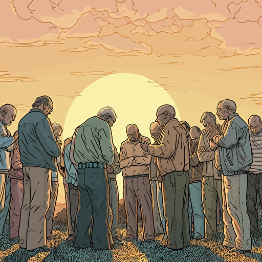 WIDE ANGLE shot. A warm sunny summer day nearing sunset as background, Vector art, softly colored. a small group of elderly modern day Christians have gathered casually to pray, They are huddled together praying with heads bowed and holding each other's hands facing the horizon as an angel spirit hovers above them, one of the guys has a bald head.