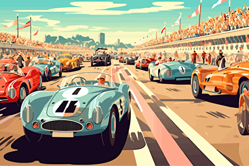 modern poster cartoon style, 1950's racing event, speed, flags, hot wheels loops, spectators, summer, vector art, light colours,