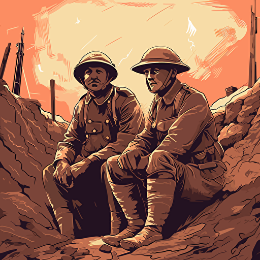 two sad soldiers world war I , in the trenches with helmets, 16:9 format, illustration vectorial style, limited color palette