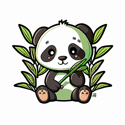 kawaii happy panda eating bamboo , sticker, vector, white backgraund, contour, cartoon style, full color