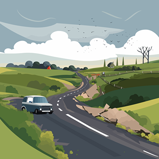british countryside road long and winding with a british cars crashed off the road on the road airbrrush vector illustration