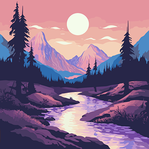 vector art of mountains with moon in the sky trees and a river