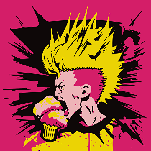 pink,yellow,vector,fantasy,face,young boy,punk mohawk,eating a nuclear blast