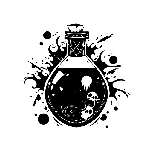 a logo design of a ink bottle full of chaos, black and white, minimialist, quirky, logo, design, vector design