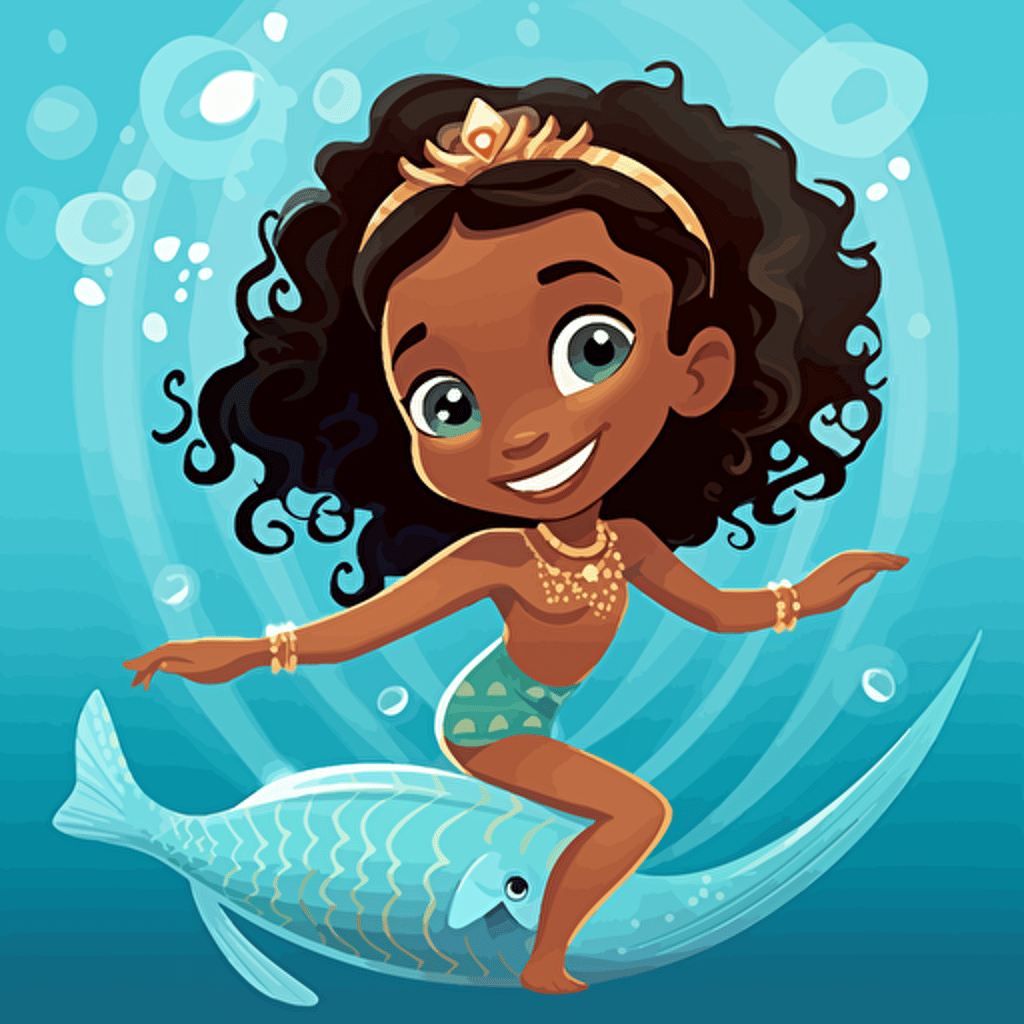 a little black girl mermaid age 7, she has a swim suit top and a fish tail on the bottom half of her body, she has her hair braided with beads, she is facing the viewer, her fish tail body is blueish green, the background is a very light blue, there are rays of light shining from above, there are cartoon style fish smiling and looking at her, illustration disney style, adobe illustrator, vector