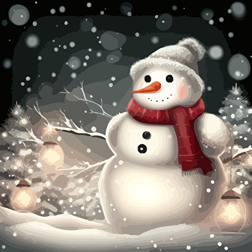 Christmas snowman on the background of a winter landscape, snowy view, christmas garland, vector illustration