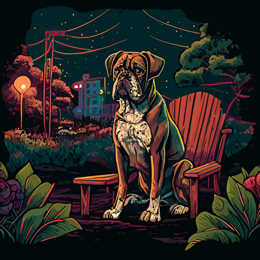 illustrate a detailed avatar of a boxer dog sitting in a chair facing the foregorund, surrounded by magical glowing plants, shrubs, trees, dead roses, with a view of a abandoned city, broken carnival rides in the background, broken billboard. Set from vacant woods in the foreground. Incorporate a gloomy and dreadful vibe to evoke a sense of eerieness and wonder. Use a digital painting style reminiscent of Thomas Kinkade and James Gurneya illustration, drawing, flat illustration, vector style