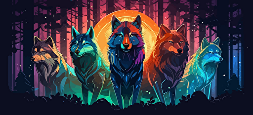 wolves in a forest, surrounded by a circle of forest motifs, 2d vector, neon colors, epic composition