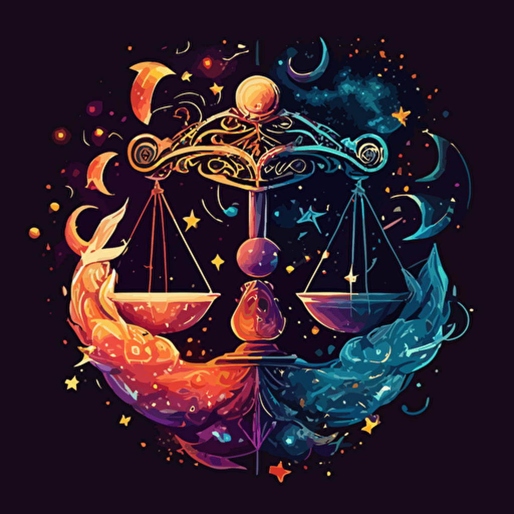 vector art image of a hyper-detailed libra sign, vibrant colors, in space swirling with colors and shapes, surprising, epic, dazzling, dreamlike,