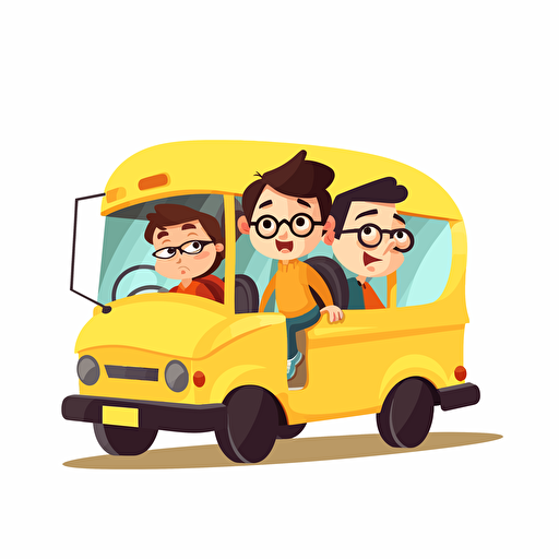 pixar style illustrative vector cartoon of kids with Down Syndrom riding a short yellow school bus. white background. 3/4 view