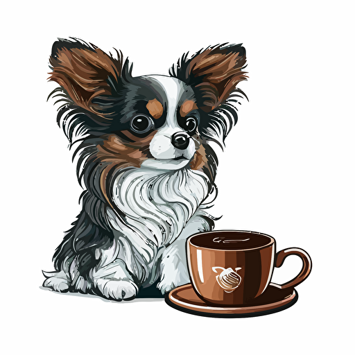 a cute papillon dog next to a cup of coffee, vector art logo, cartoonistic style, white background