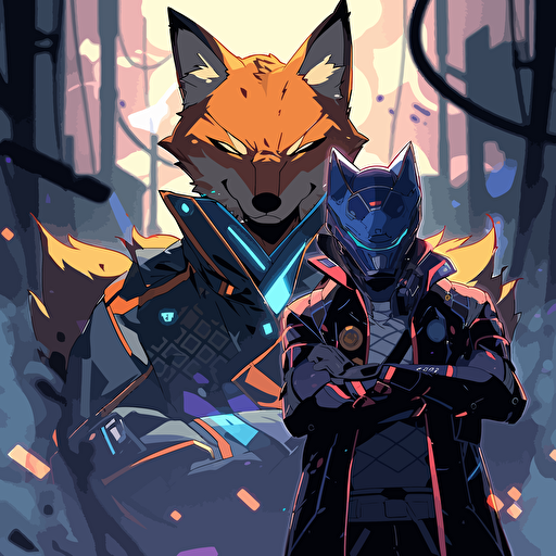 Create an image of a massive battle between two different states shiba inu cyber punk and fox dark shiba inu outfit battle, galaxy explose, anime background, vector, greekpunk, marvel style