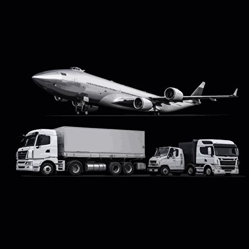 vector image, 1 vessel, 1 airplane and 01 truck side by side all white with black background.