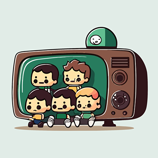 a television with a football displayed on it, there is a group of chibi style people sitting on a couch watching the television, vector image