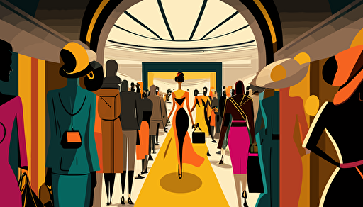 The Entrance to a fashion store in a crowded shopping mall, in the style of lively tableaus, li-core, colorful, vectorized