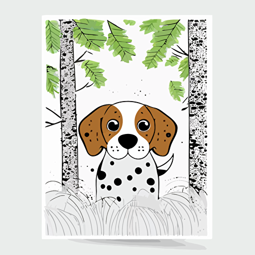 cute dog in the forest, big cute eyes, pixar style, outline and simple shapes, pointillism style, flat vector, white background