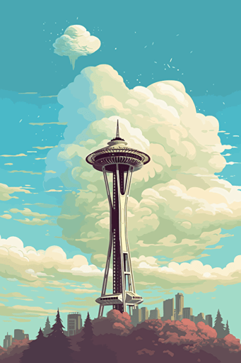 vector art, seattle, space needle, from below, clouds