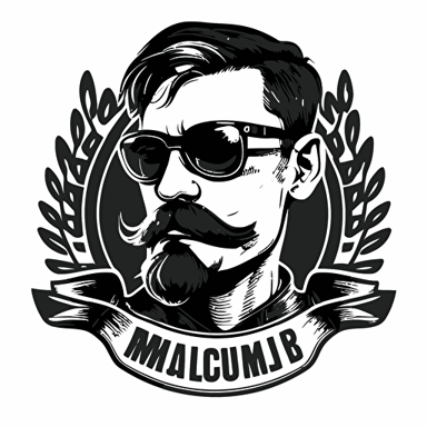 motorcycle club logo, mustache hipster wearing motorcycle glasses, simple vector, black and white