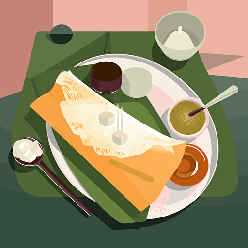 Flat Vector Illustration of a Asian suop. Mood is Elegant Table setting, Style of Malika Favre. Use only 3 Colours. Strong Light and Shadow. Style of Maite Franchi. Pastel Colours