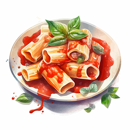 a plate of delicious rigatoni pasta with red sauce and dollops of mozzarella, in watercolor style, as a die-cut sticker design, vector format, on a white background. The watercolor style is loose and flowing, with a focus on blending and texture, and the colors are vibrant and fresh.