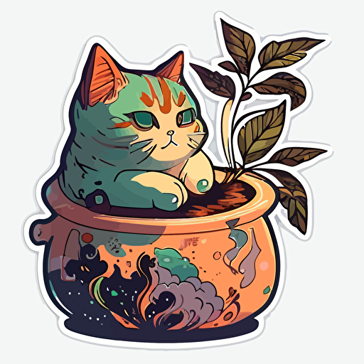 Cat smoking pot, Sticker, Relaxed, Warm colours, anime, Contour, Vector, white background, Detailed