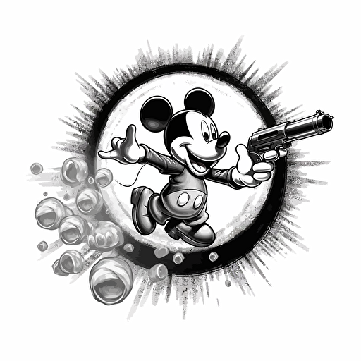 mickey mouse turned sideway dodging flying bullets vector illustration isolated on white background, logo, vector, monochromatic