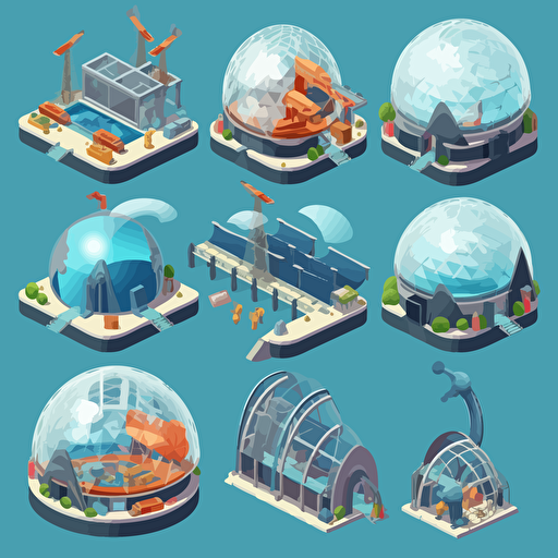 isometric cartoon vector image of a aquarium dome building at different stages of construction