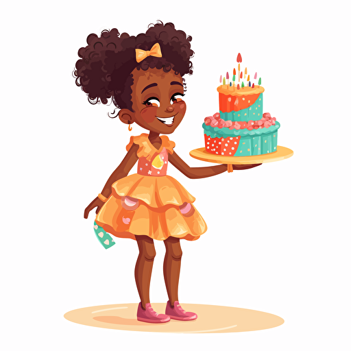 vector illustration of a Adorable african girl, natural hair, playing in a simple dress, silly, playful, holding a birthday cake, colorful