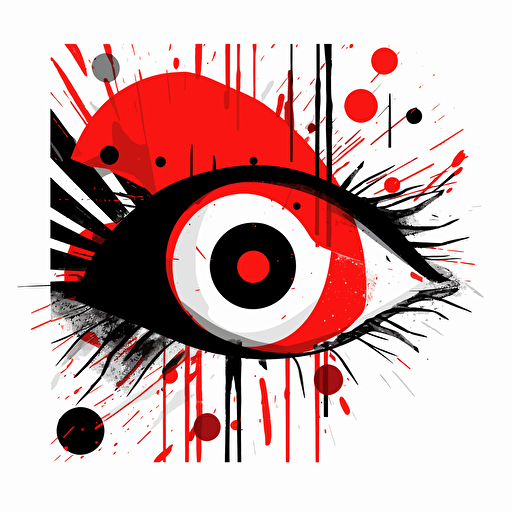 an abstract,minimalistic drawing of an eye looking confused a little happy and suprised, vector black and white, background red