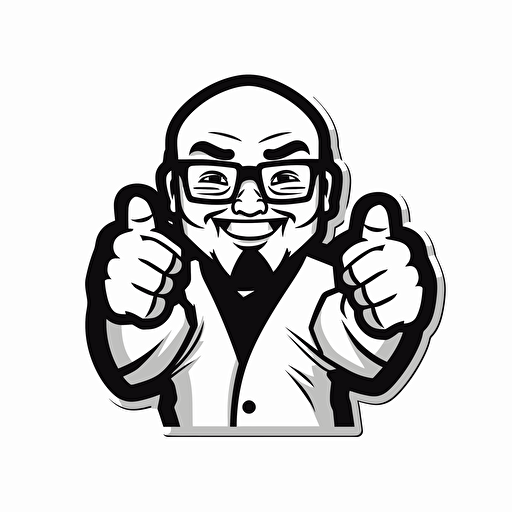 vector sticker, doodle, an asian guy waring black and white Taoist Robe and round black glasses, victory gesture, flat, white background, black outline, cartoon