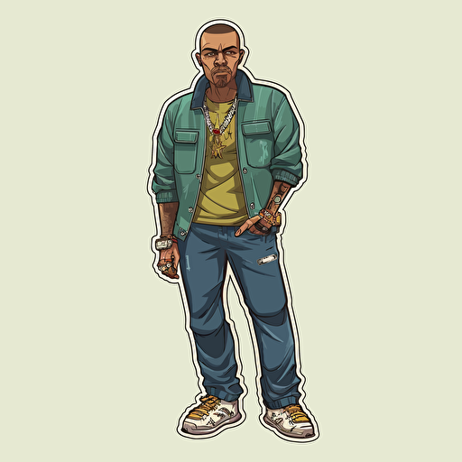 Stickers, vector art, gta 5 style, cj from gta san andreas with a joint in mouth, full-length