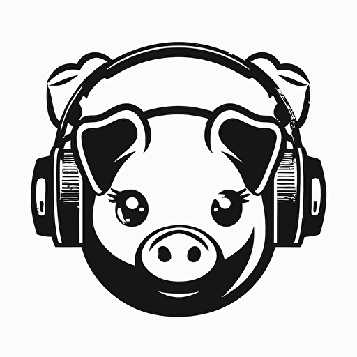 a logo for a dj, with a face of a pig with headphones around his ears, vector style, no textures and no colors, white background, simple, cute pig face