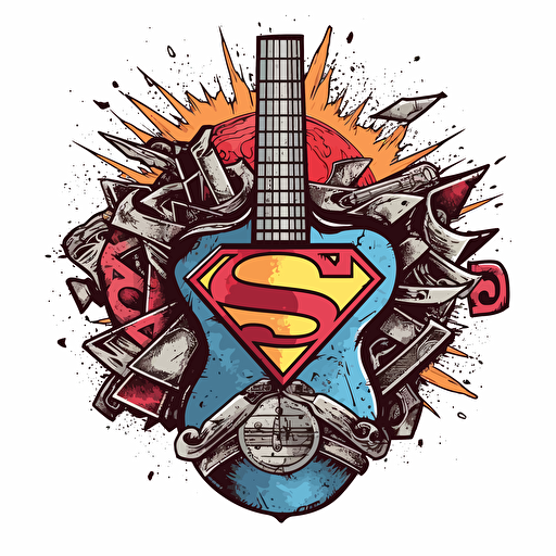 high resolution vector logo of a superman inspired logo with the name of a rock band integrated. Bright colors. White background.