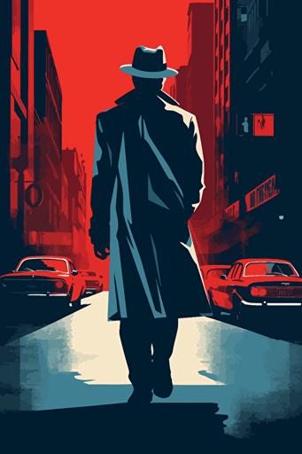 a gangster in black with a hat as he walks down the street, in the style of simplistic vector art, blue/red, cityscape, movie poster, maquette, stencil-based, mid-century illustration