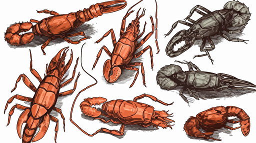 a asset collection of detailed hand drawn crawfish, on a white background, bright orange, burnt red, browns, and thick black line, vector style,