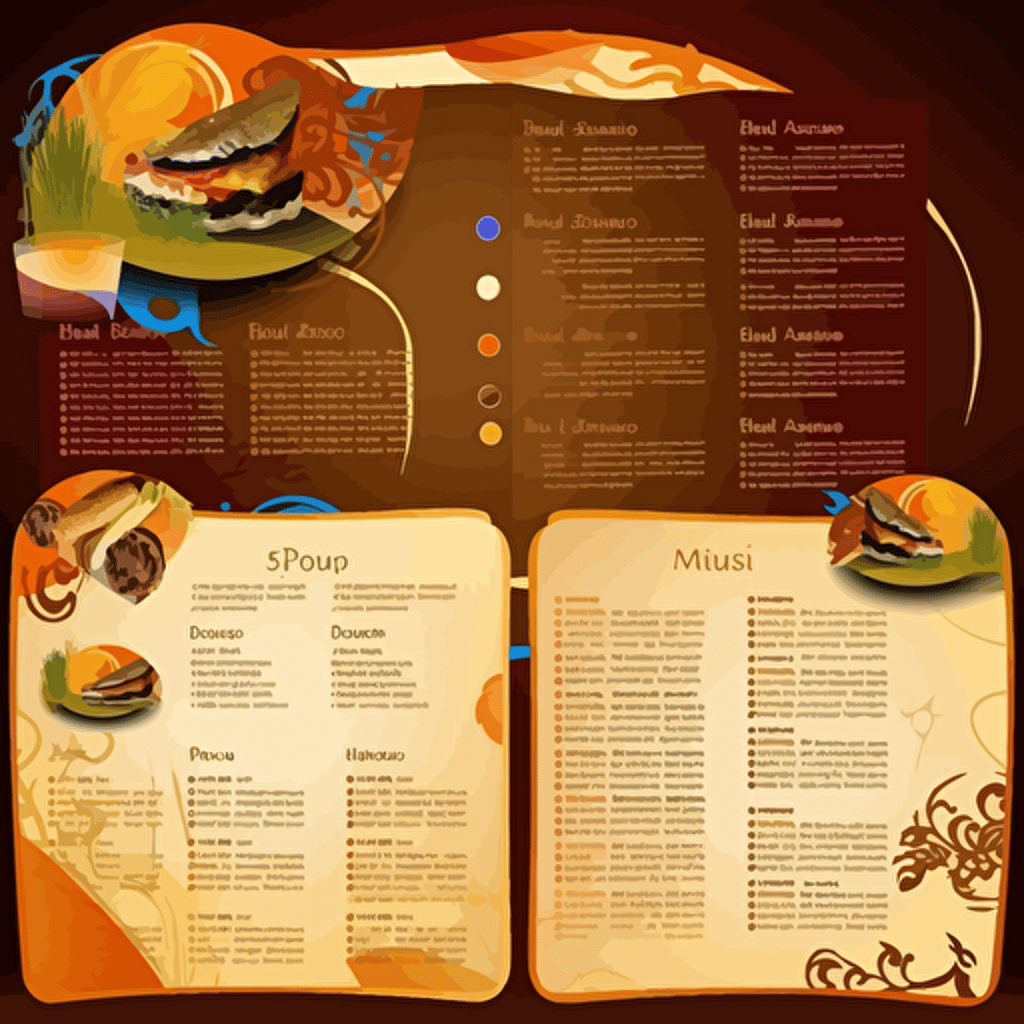 Restaurant, Latin Caribbean Food menu classy fine dining designs, with a Cuban and Puerto Rican flair, tropical, [blue, brown, orange, and gold color scheme here]::3 modern, clean, design, vector, items, food, RTX