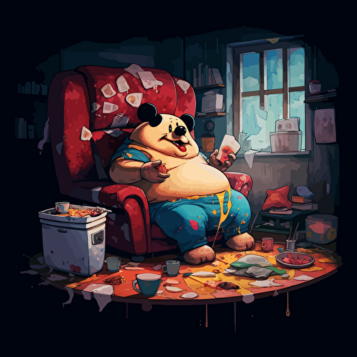 sad, melancholy mood, obese Mickey mouse sitting on couch watching TV in his boxers. Giant burger on the table. Trashy apartment. High detail. 16k. Vector image. Drawing. Black background. Five o clock shadow. Melting. Paint splatter. Drips.