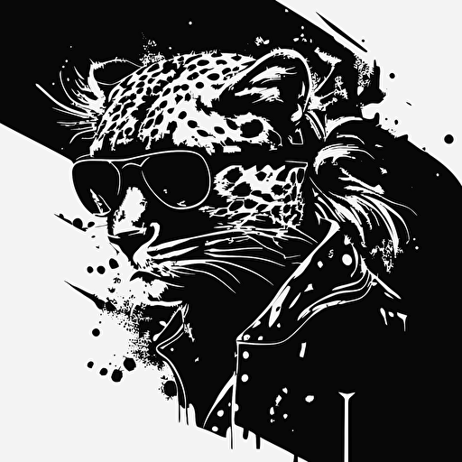 an 80s spirit illustration with a leopard, vector, in black and white, flat 2d