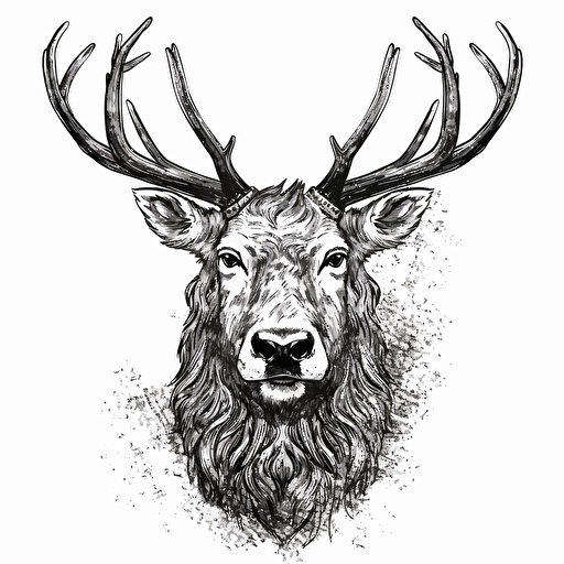 Elk with a beard, Black and white illustration, simple vector : : handdrawn style