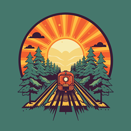 simple vector art of railroad, sun, trees, simple colors, cartoon, logo