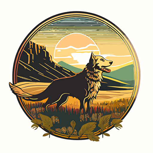 A_coin_emblem_logo_for_a_Dog running in a field:: mountains in the background, code style, color, vector